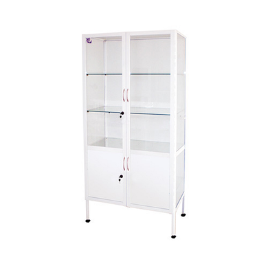 Two-section glass cabinet with a safe for veterinary offices