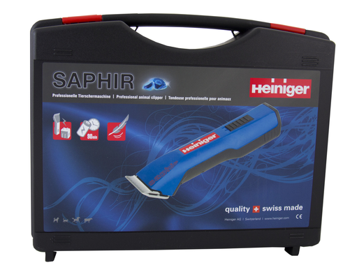 Heiniger Saphir VET, професійна акумуляторна машинка для стрижки тварин, з ножем #40 (0,8 мм) в кейсі і 2 батареями Блакитний